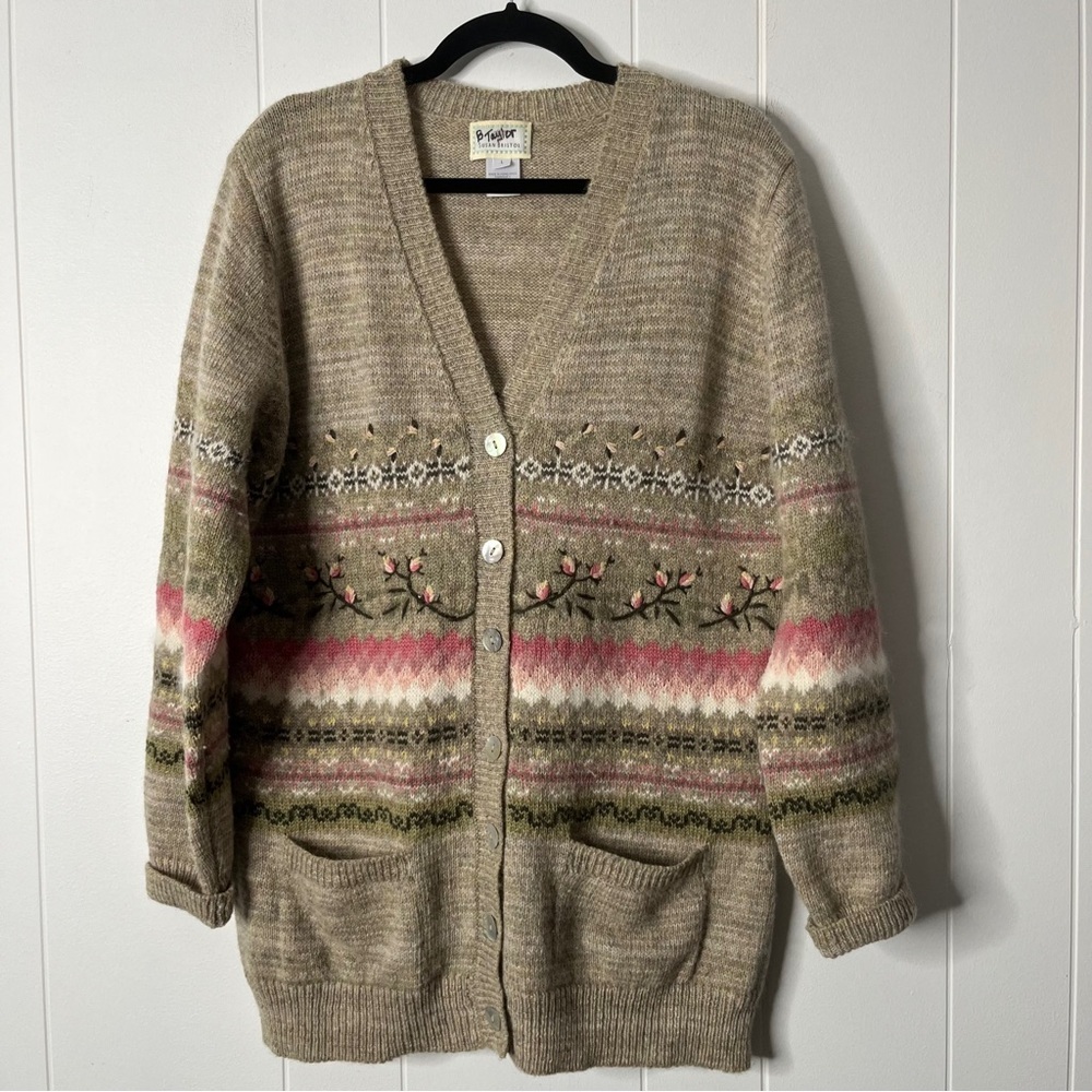 Vintage Susan Bristol Wool/Angora Beige and Pink Patterned Cardigan Size L